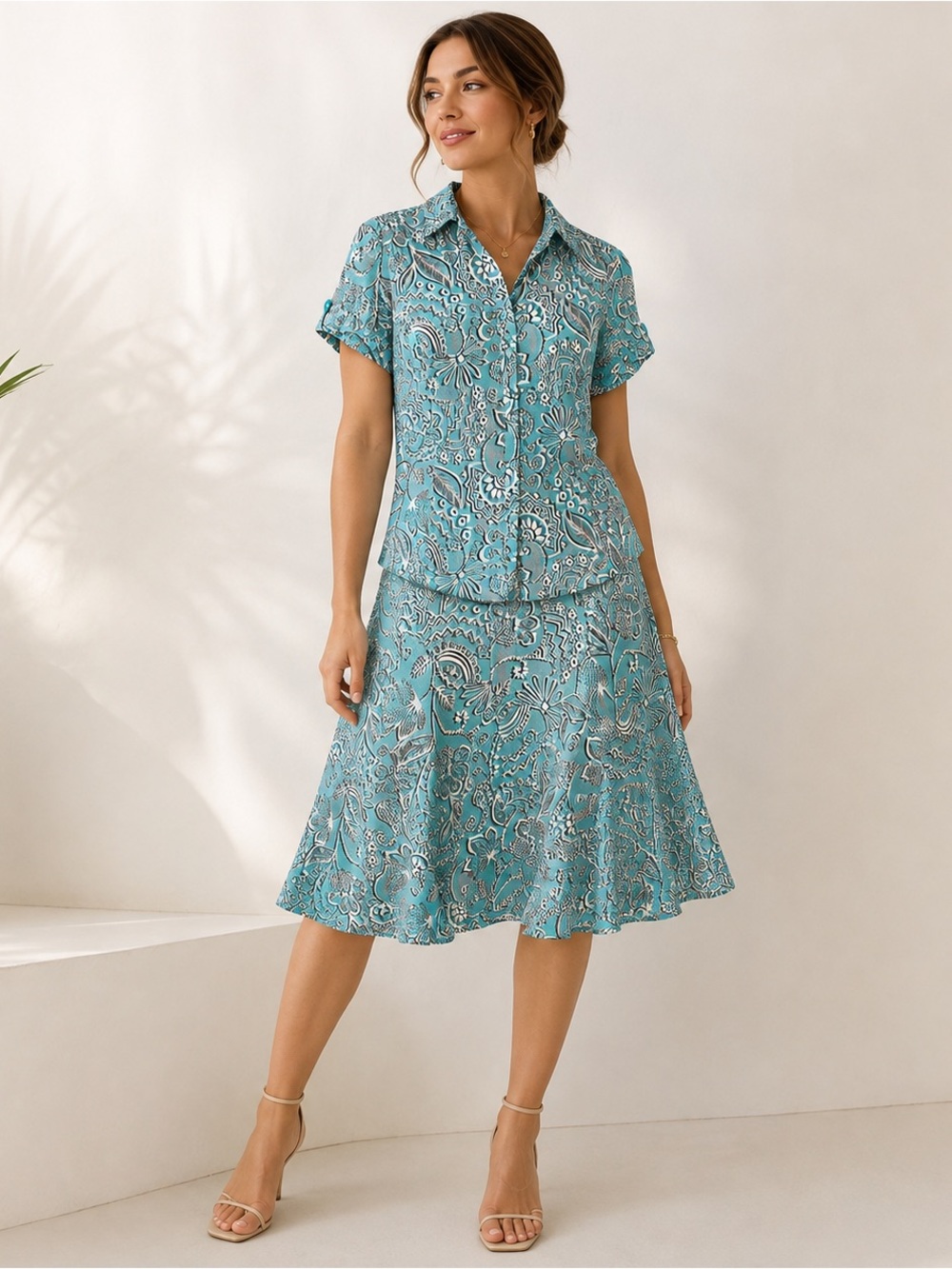 Rafaella 100% Linen Skirt Set Aqua Floral Paisley Button Front Top A-Line Skirt